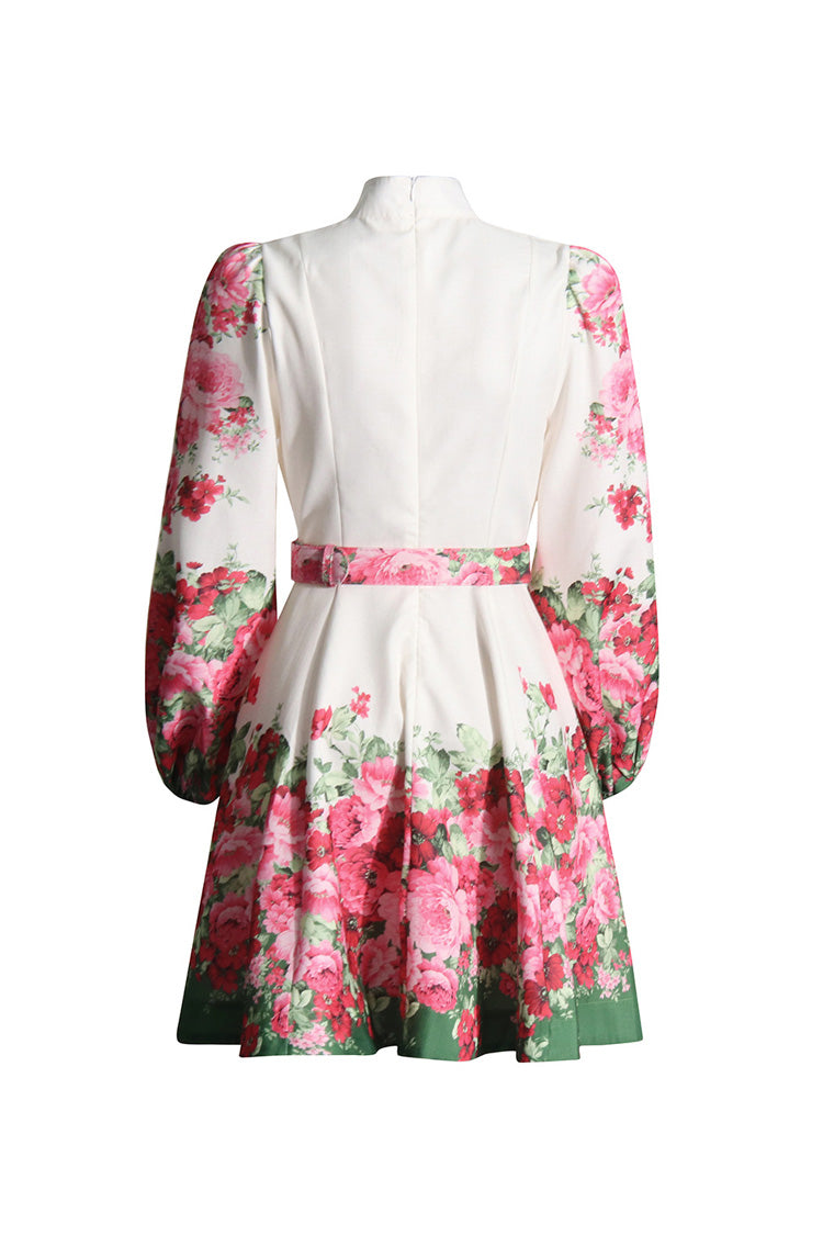 Romantic Floral Mandarin Collar Belted Blouson Sleeve Beach Vacation Mini Dress - Fashionpara