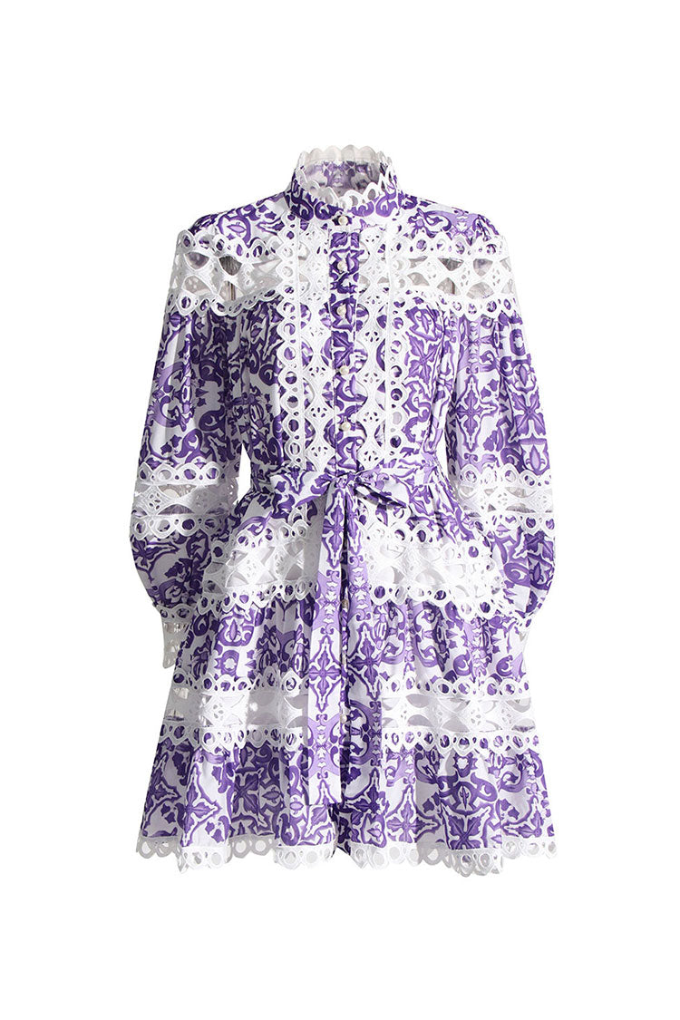 Romantic Floral Scalloped Lace Cutout Bishop Sleeve Belted Mini Shirt Dress - Fashionpara