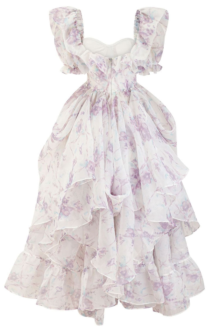 Romantic Puff Sleeve Floral Organza Layered Ruffle Split Gown Dress - Lilac