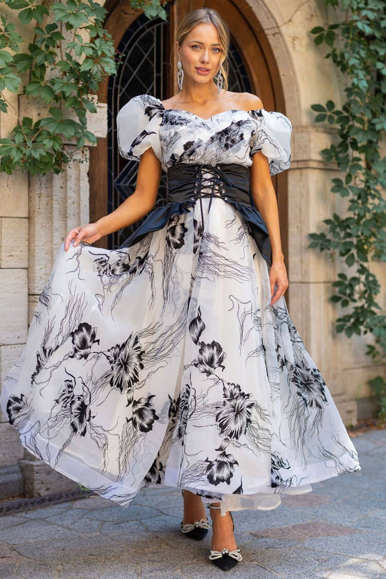 Romantic Puff Sleeve Floral Organza Peplum Belted Gown Maxi Dress - Black - Fashionpara