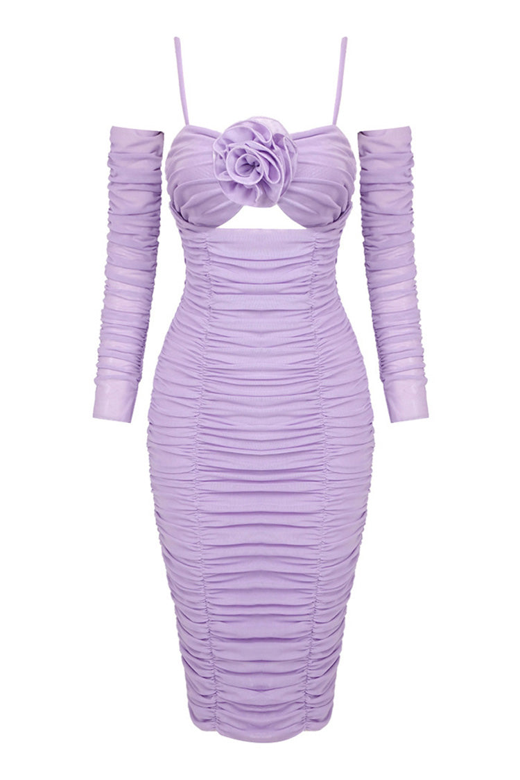 Romantic Rosette Sheer Sleeve Mesh Bodycon Ruched Cocktail Midi Dress - Fashionpara