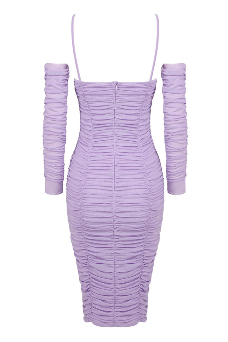 Romantic Rosette Sheer Sleeve Mesh Bodycon Ruched Cocktail Midi Dress - Fashionpara