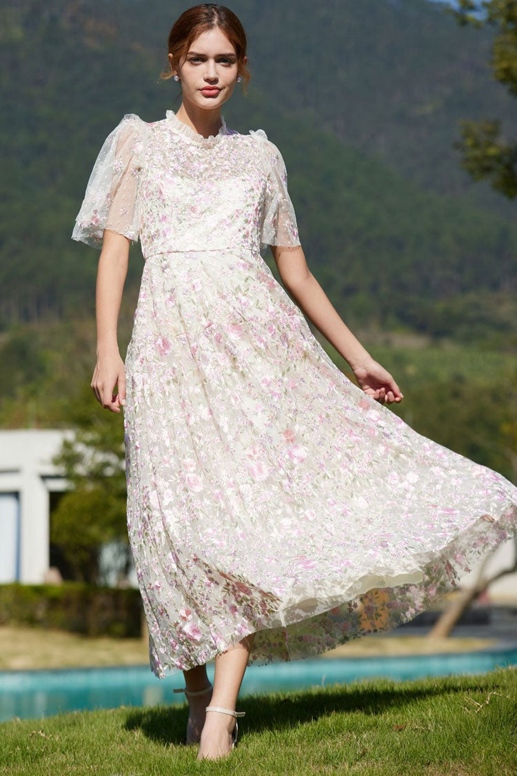 Romantic Ruffle Neck Puff Sleeve Floral Embroidered Tulle Evening Maxi Dress - Pink