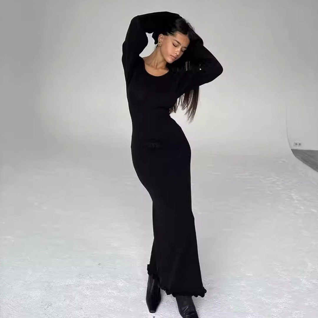 Romantic Scoop Neck Tie Back Long Sleeve Ruffle Sweater Maxi Dress