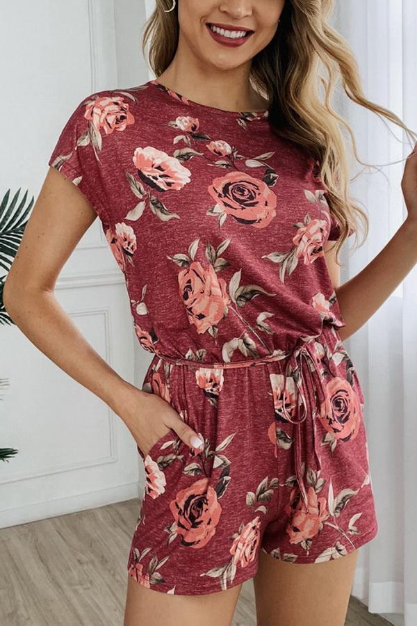 Round Neck Printed Button Drawstring Jumpsuit