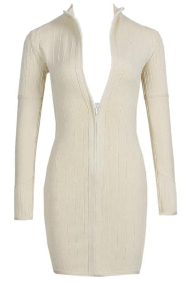 Woman wearing a figure flattering  Roxie Long Sleeve Bodycon Mini Dress - Cream Bodycon Collection