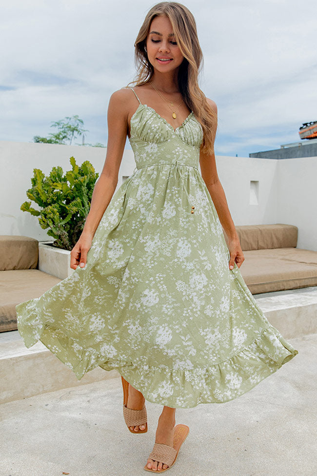 Ruffle Deep V Floral Print Slip Midi Dress - Light Green - Fashionpara