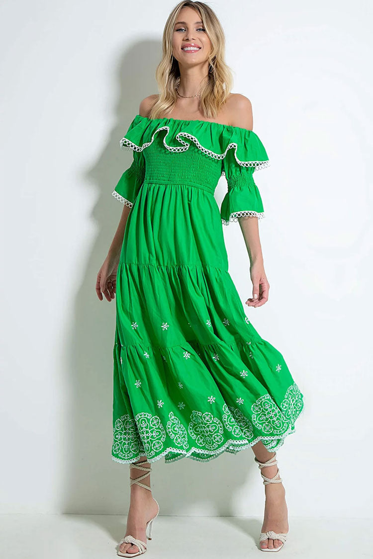 Ruffle Off The Shoulder Embroidered Floral Tiered Maxi Dress - Green