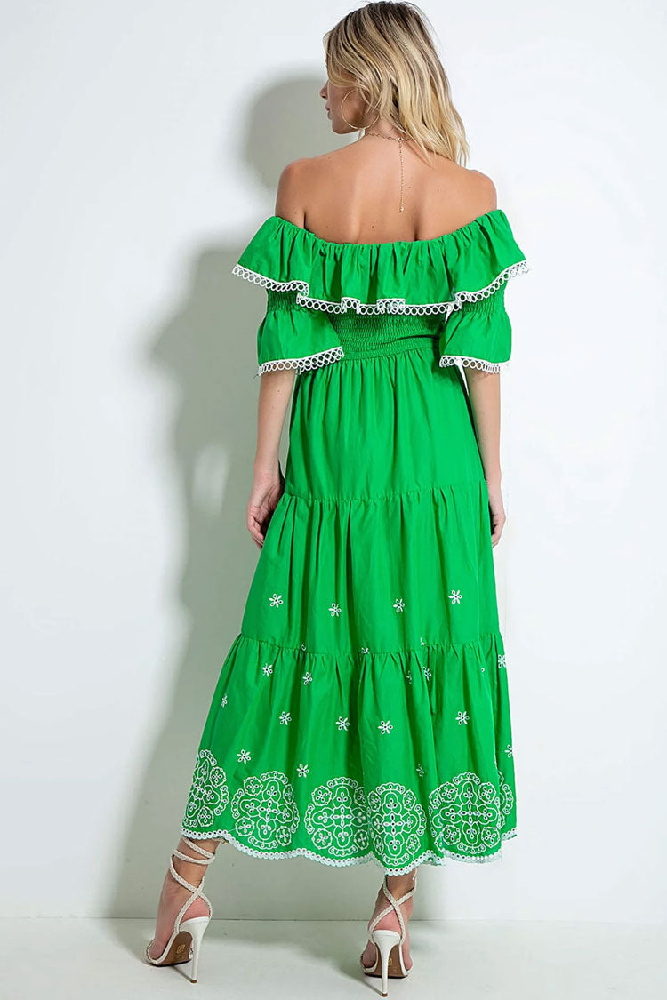 Ruffle Off The Shoulder Embroidered Floral Tiered Maxi Dress - Green