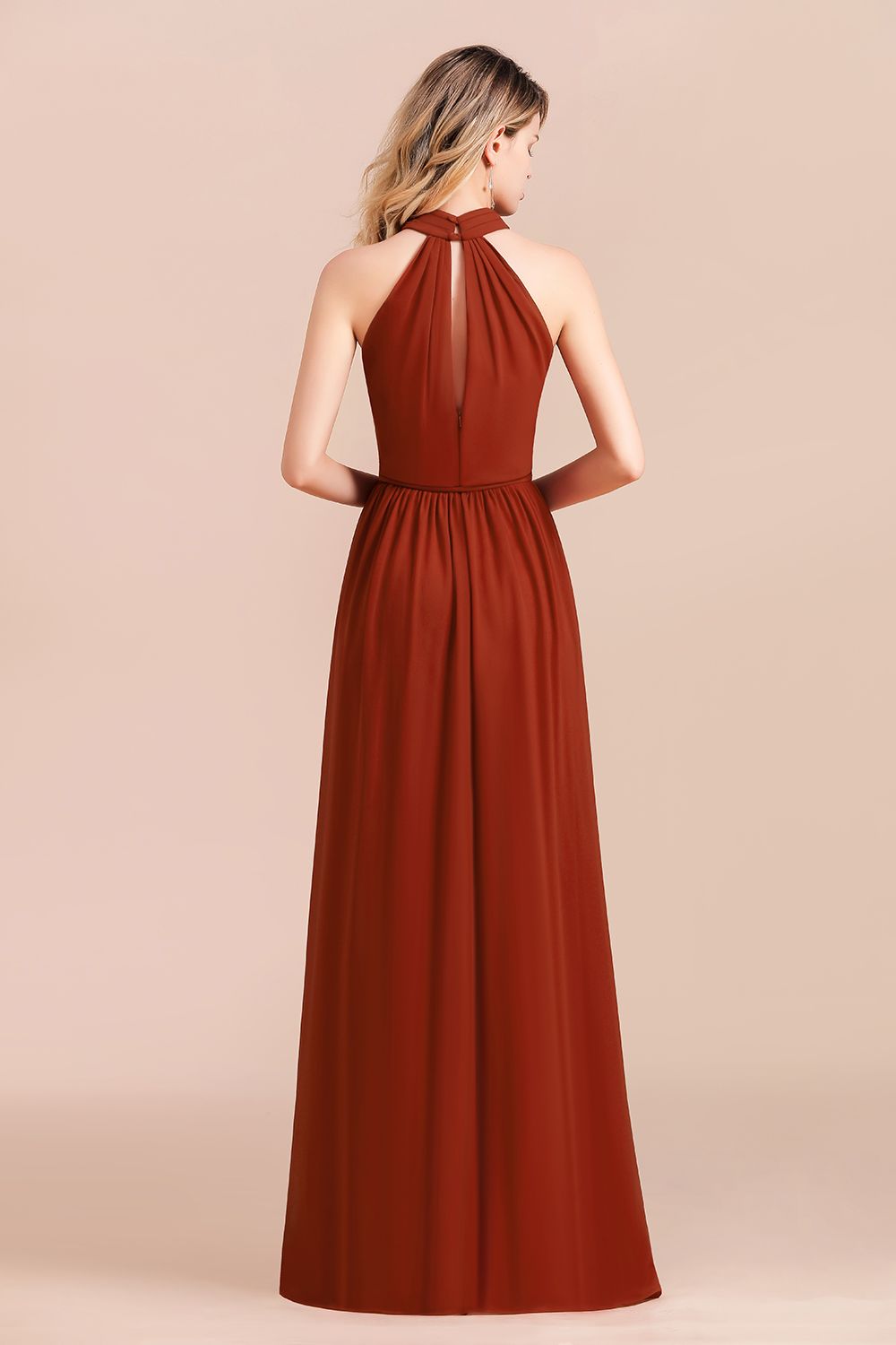 Rust Halter Long Bridesmaid dresses With Front Split