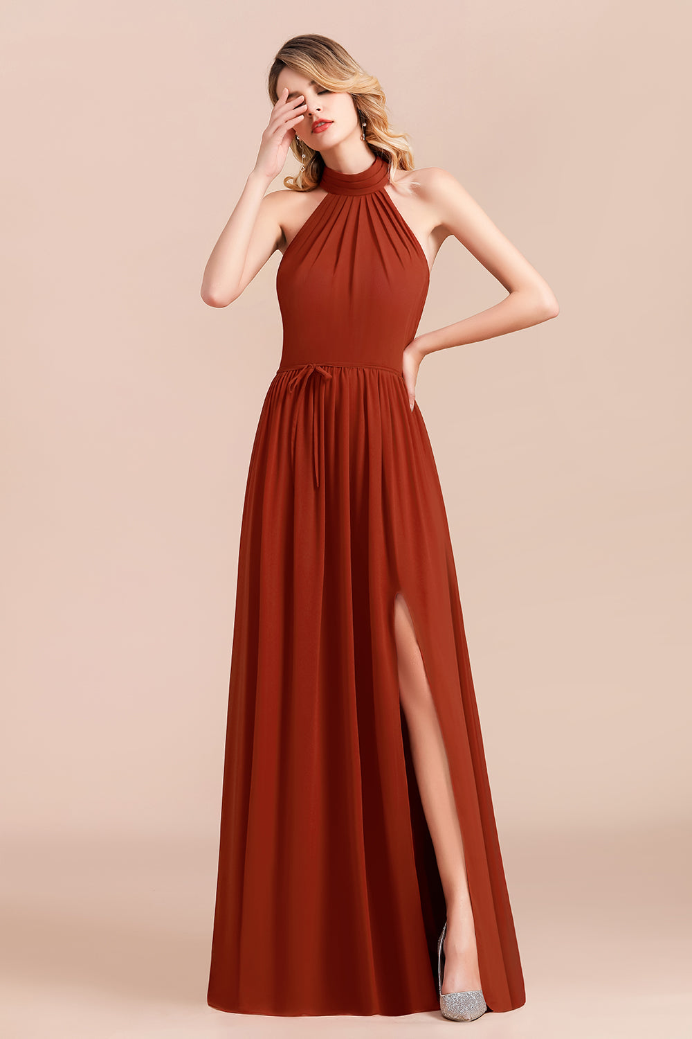 Rust Halter Long Bridesmaid dresses With Front Split