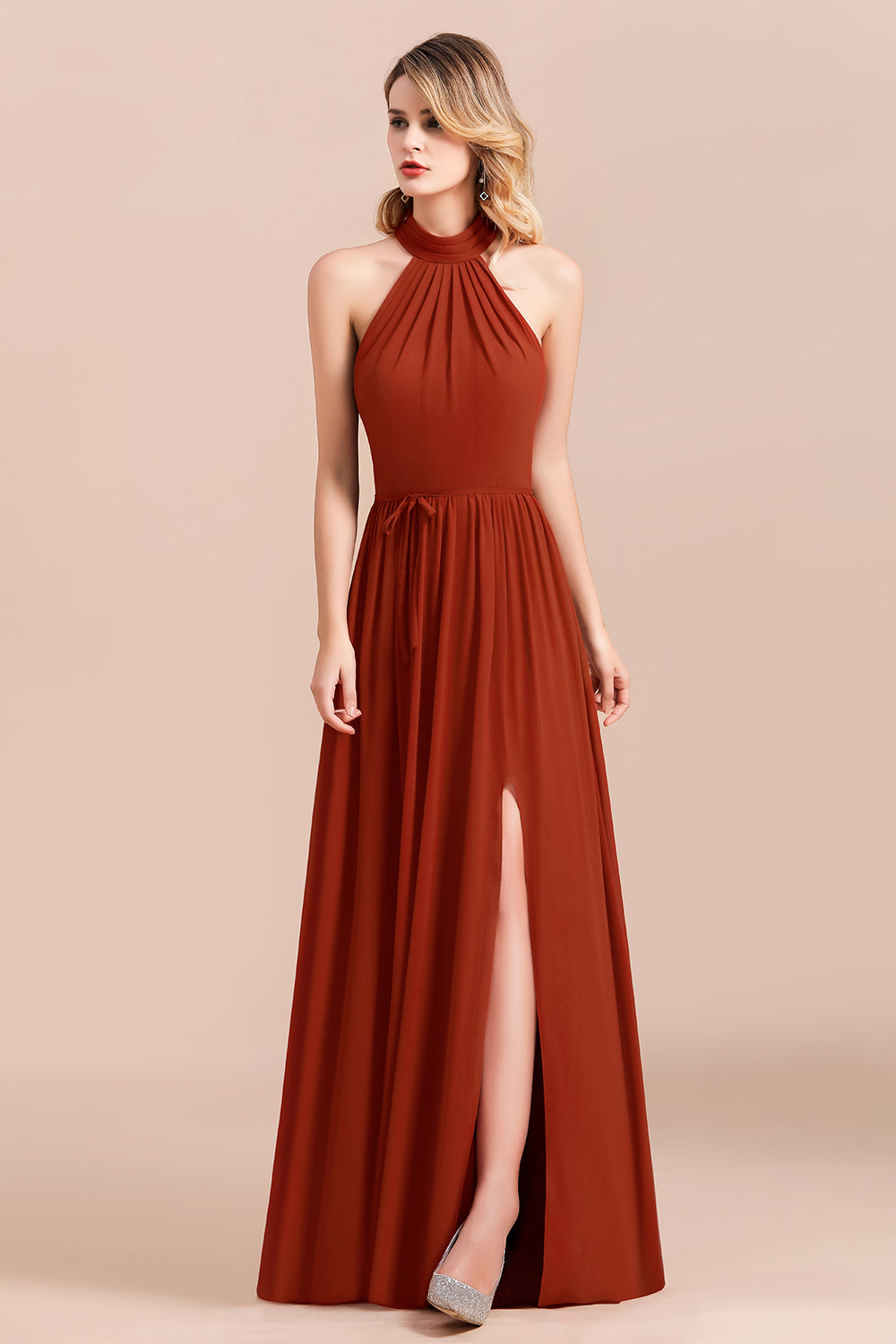 Rust Halter Long Bridesmaid dresses With Front Split