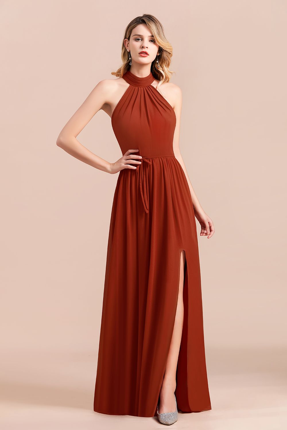 Rust Halter Long Bridesmaid dresses With Front Split