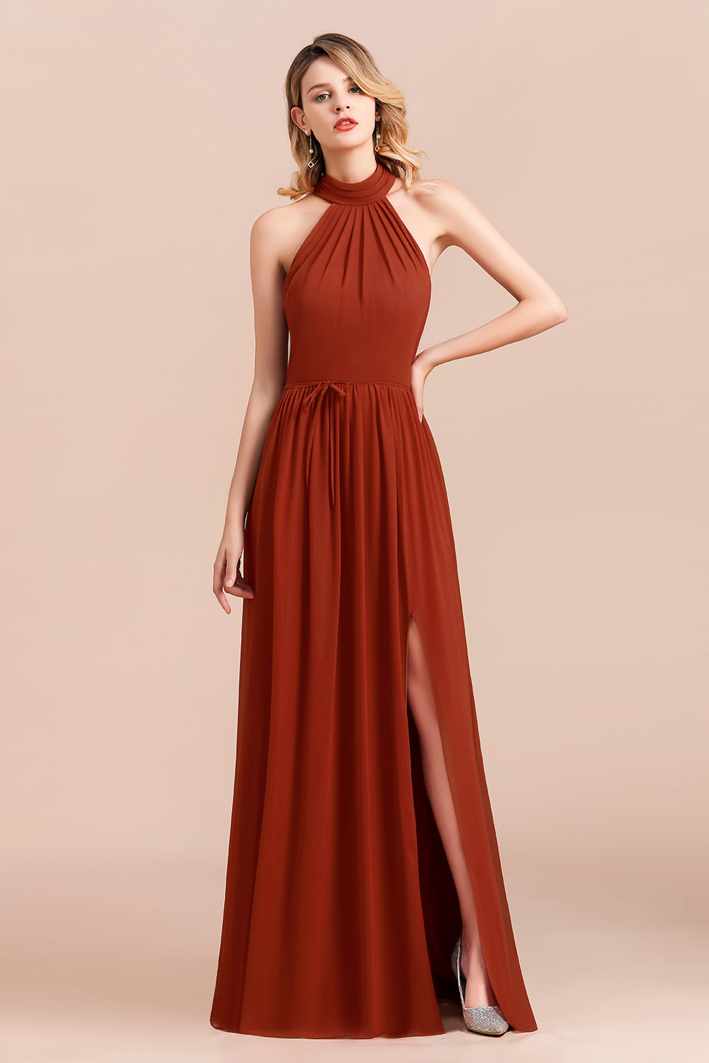 Rust Halter Long Bridesmaid dresses With Front Split