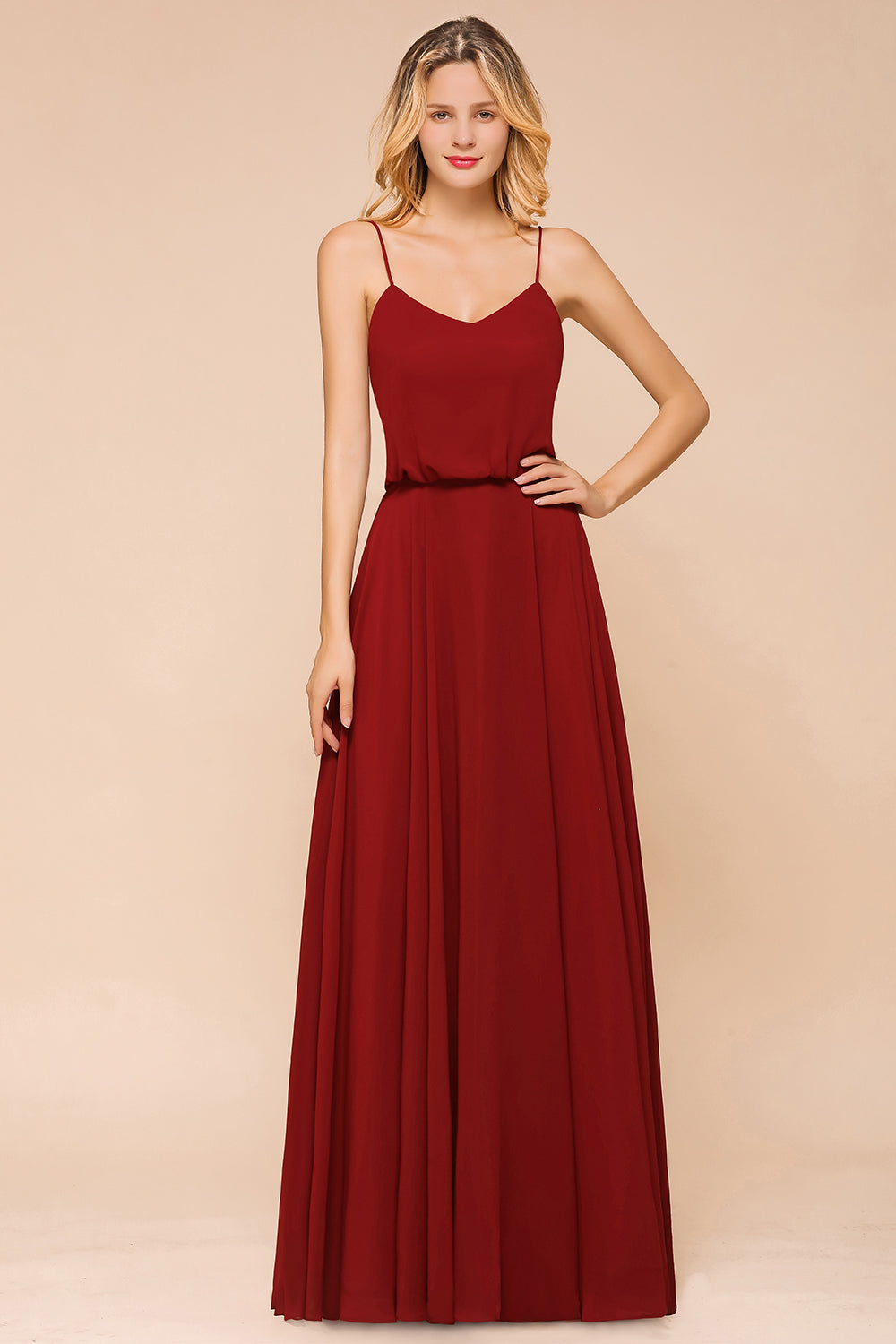 Rust Spaghetti-Starps Long Chiffon Bridesmaid dresses