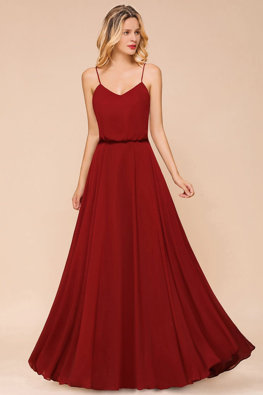 Rust Spaghetti-Starps Long Chiffon Bridesmaid dresses