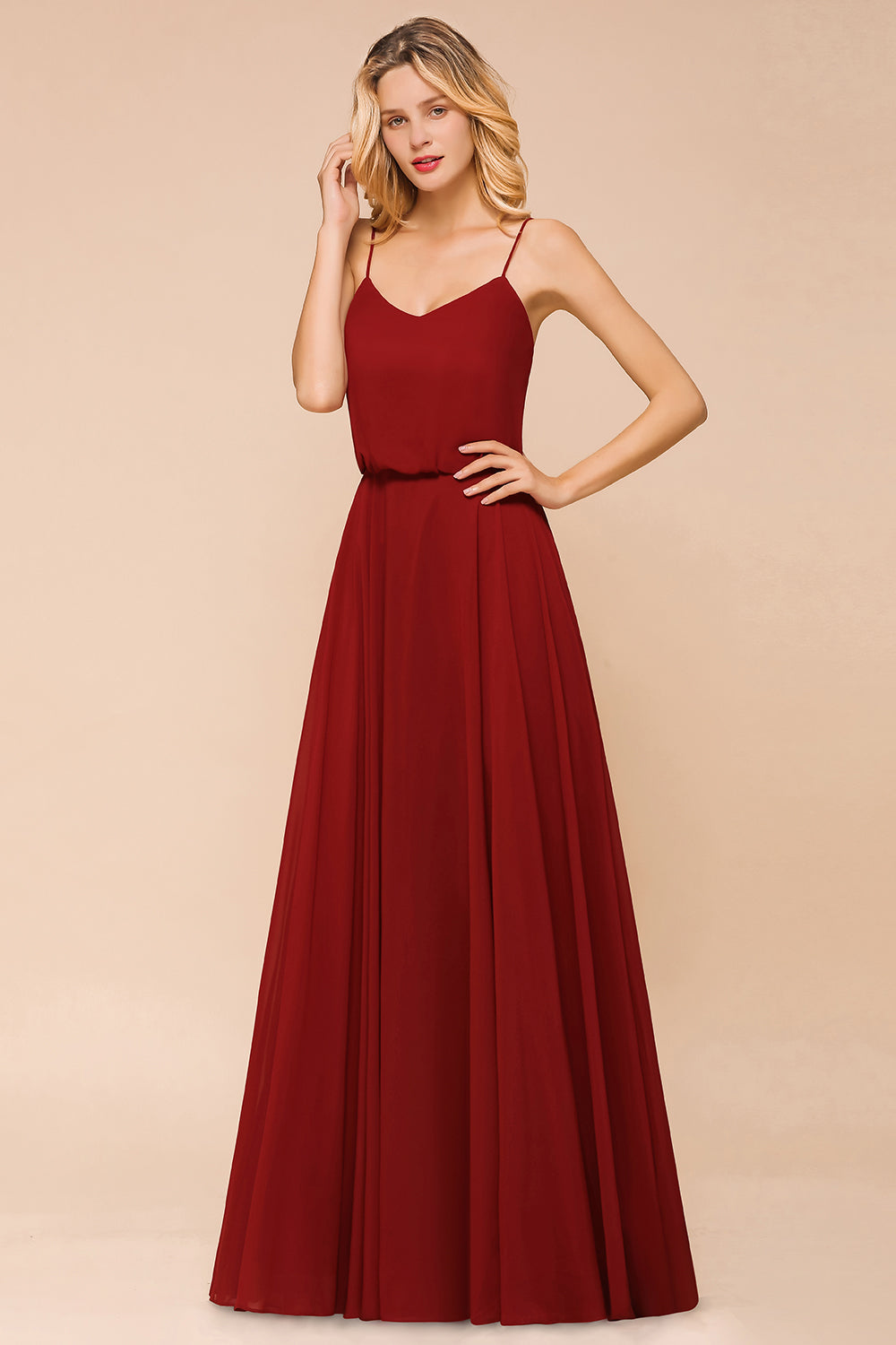 Rust Spaghetti-Starps Long Chiffon Bridesmaid dresses