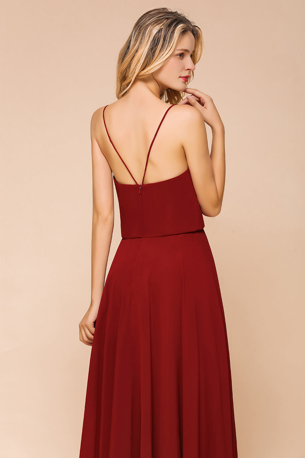 Rust Spaghetti-Starps Long Chiffon Bridesmaid dresses