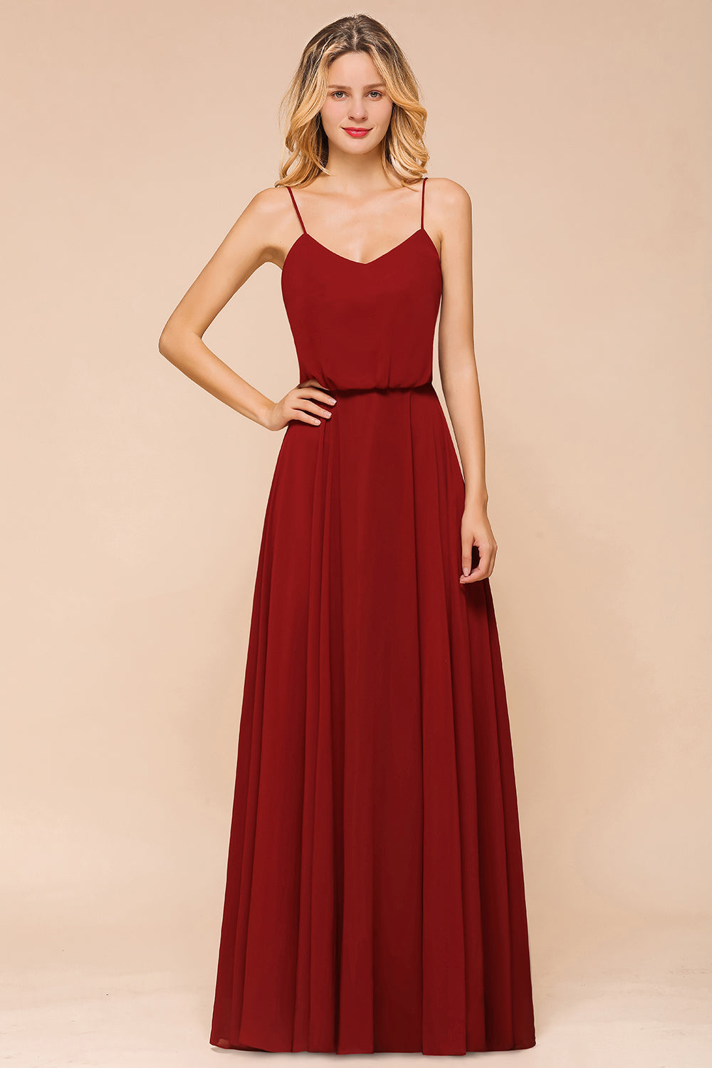 Rust Spaghetti-Starps Long Chiffon Bridesmaid dresses