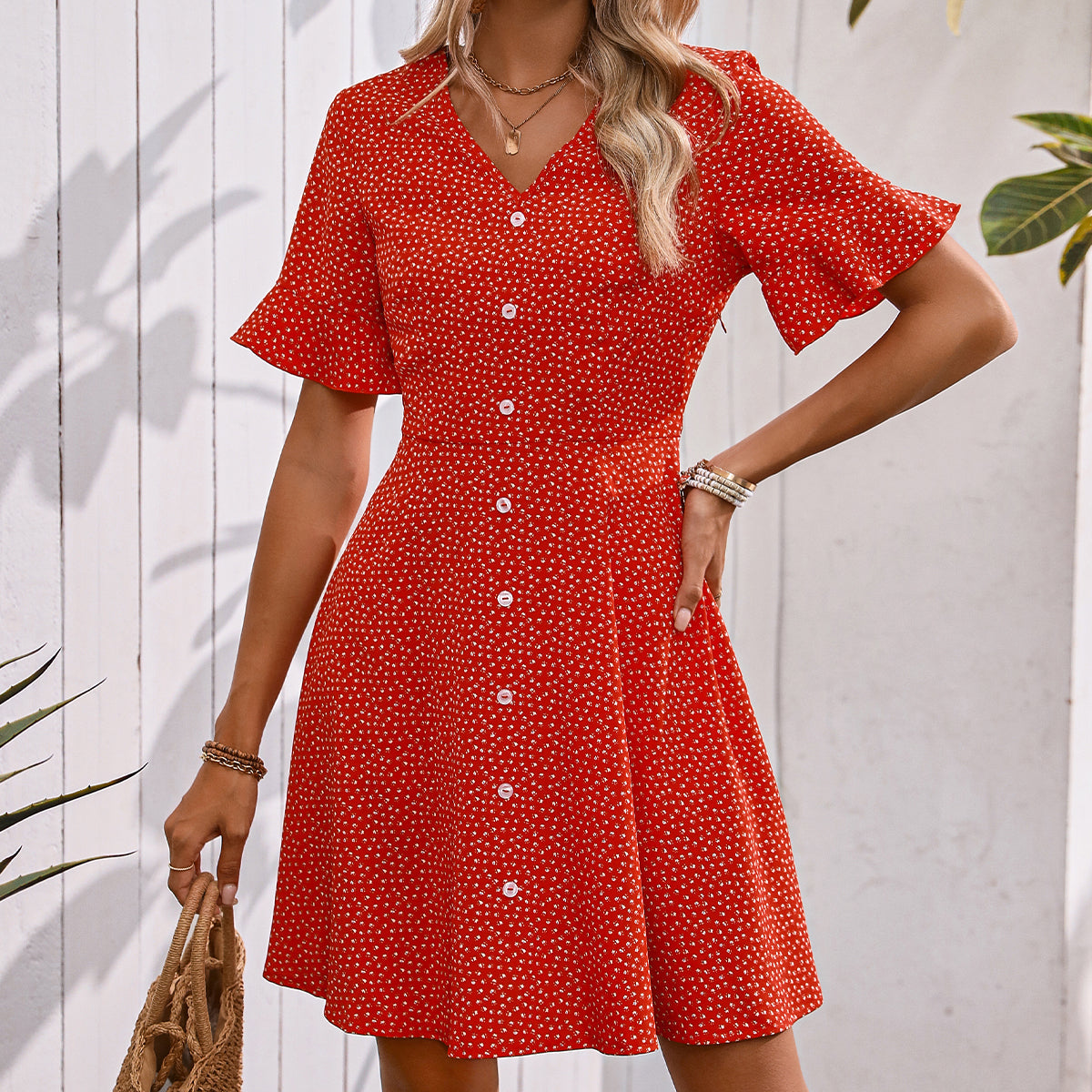 Fashion V Neck Floral Print Button Casual Dress