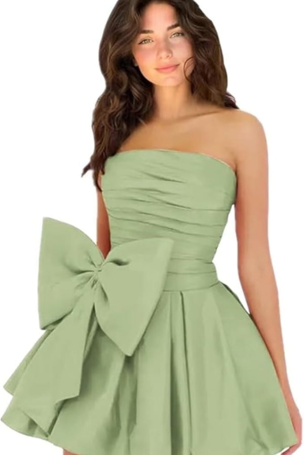 Sleeveless Ruched Short Homecoming Dresses Simple Mini Party Wear Dress with Bow