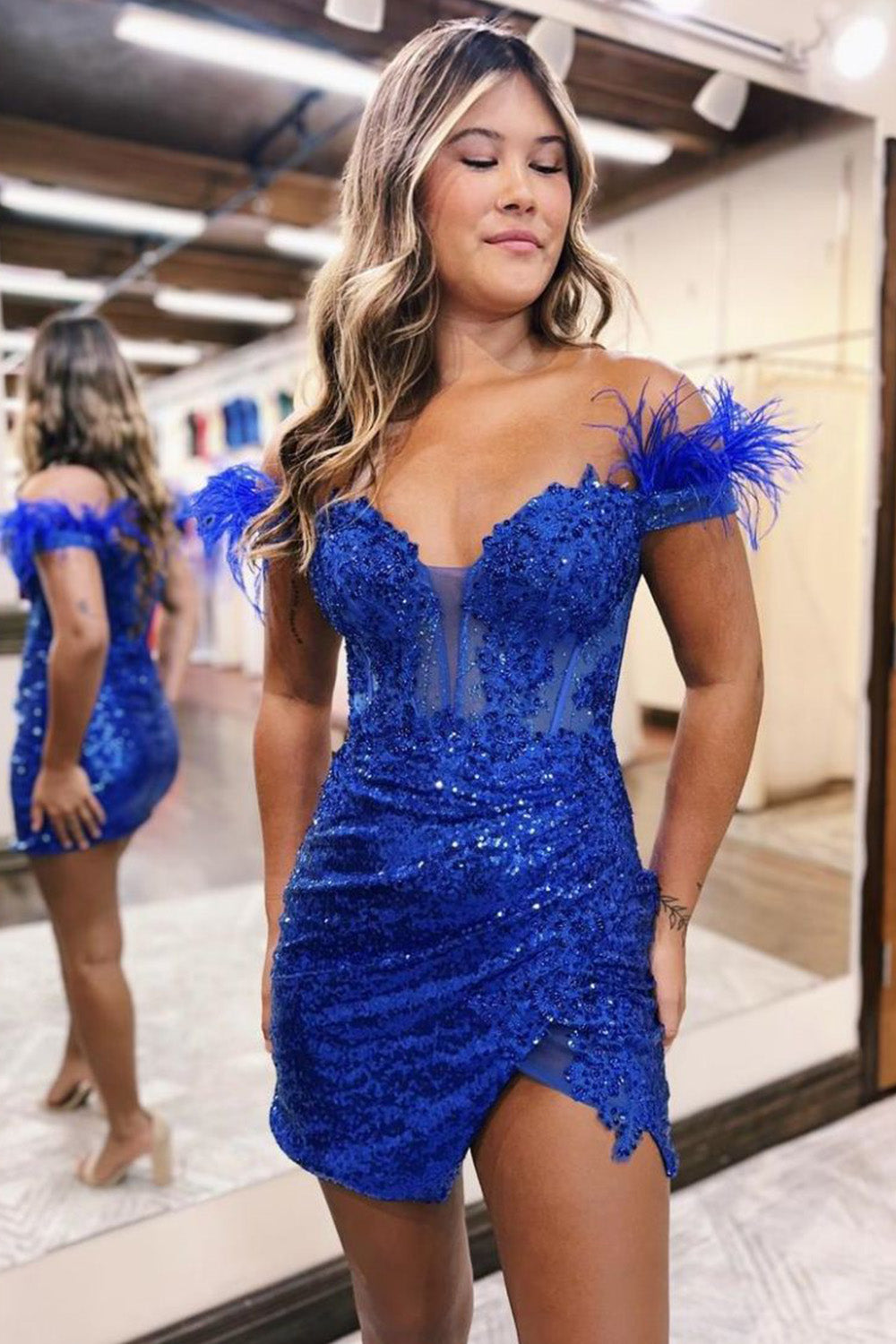 Sequin Off-the-Shoulder Lace-Up Corset Short Homecoming Dress with Feather