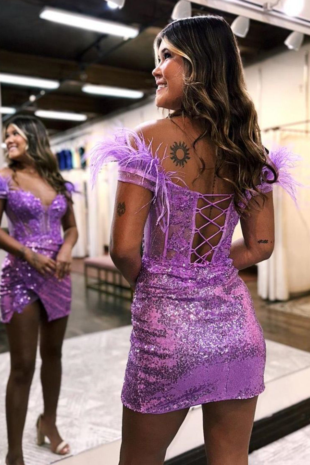 Sequin Off-the-Shoulder Lace-Up Corset Short Homecoming Dress with Feather