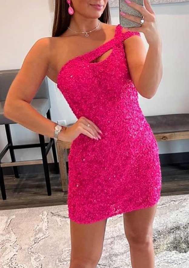 Sequins Velvet Short Homecoming Dress with Column One-Shoulder Sleeveless