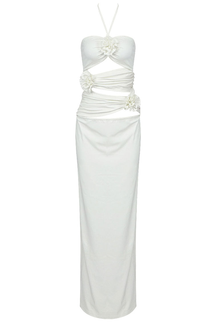 Sexy 3D Flower Trim Halter Neck Cutout Ruched Formal Maxi Dress - White - Fashionpara