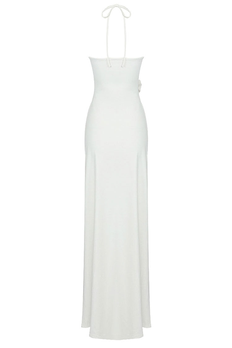 Sexy 3D Flower Trim Halter Neck Cutout Ruched Formal Maxi Dress - White - Fashionpara