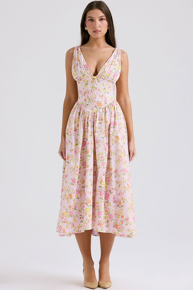 Sexy Bow Tie Deep V Ruched Drop Waist Pocket Corset Floral Midi Sundress - Pink - Fashionpara