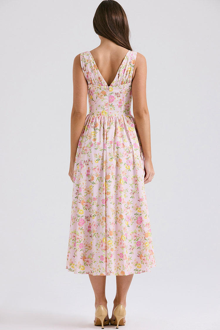 Sexy Bow Tie Deep V Ruched Drop Waist Pocket Corset Floral Midi Sundress - Pink - Fashionpara