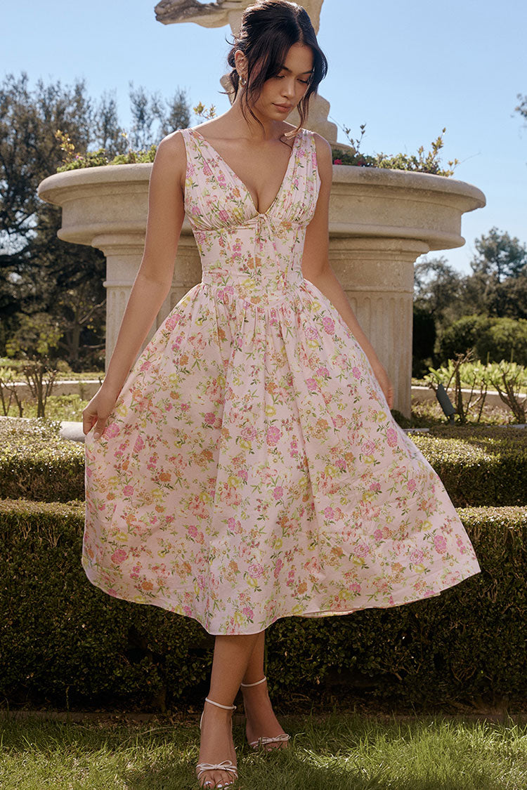 Sexy Bow Tie Deep V Ruched Drop Waist Pocket Corset Floral Midi Sundress - Pink - Fashionpara