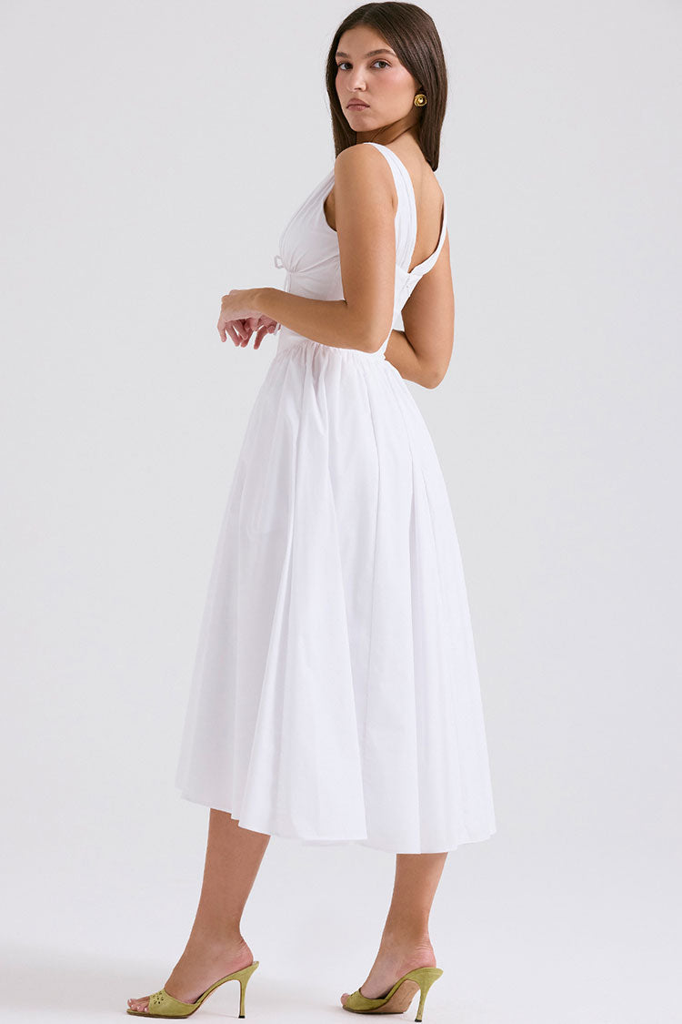 Sexy Bow Tie Deep V Ruched Drop Waist Pocket Corset Midi Sundress - White