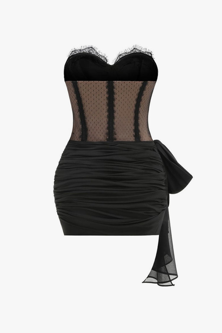 Sexy Bustier Strapless Lace Corset Bow Tie Ruched Bodycon Party Mini Dress