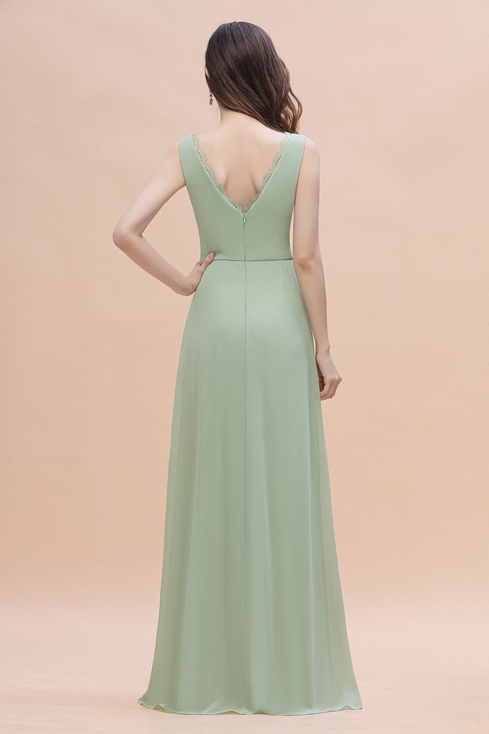 Sexy Chiffon Ruffles Dusty Sage Bridesmaid Dresses with Lace Edge On Sale