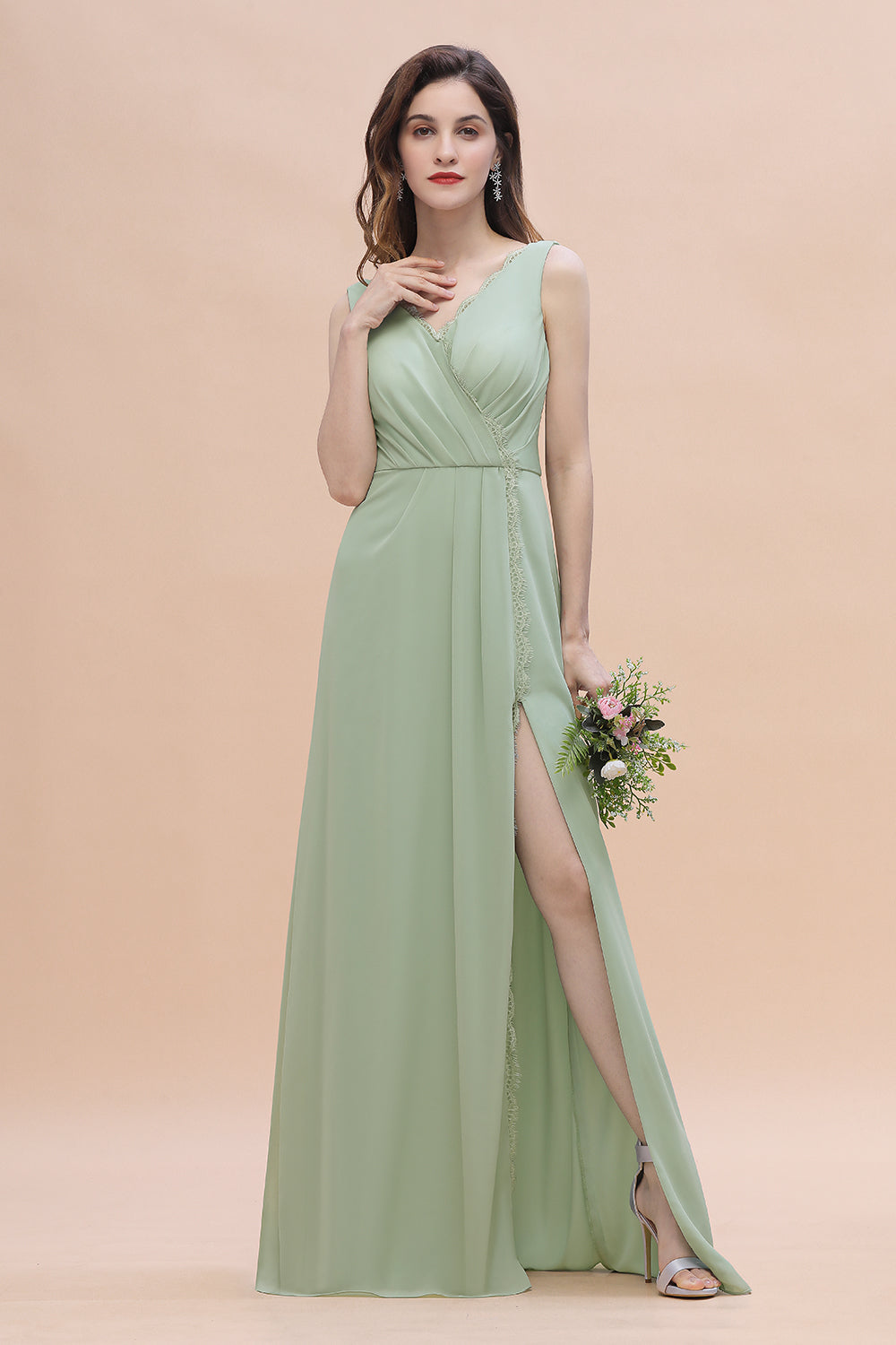 Sexy Chiffon Ruffles Dusty Sage Bridesmaid Dresses with Lace Edge On Sale