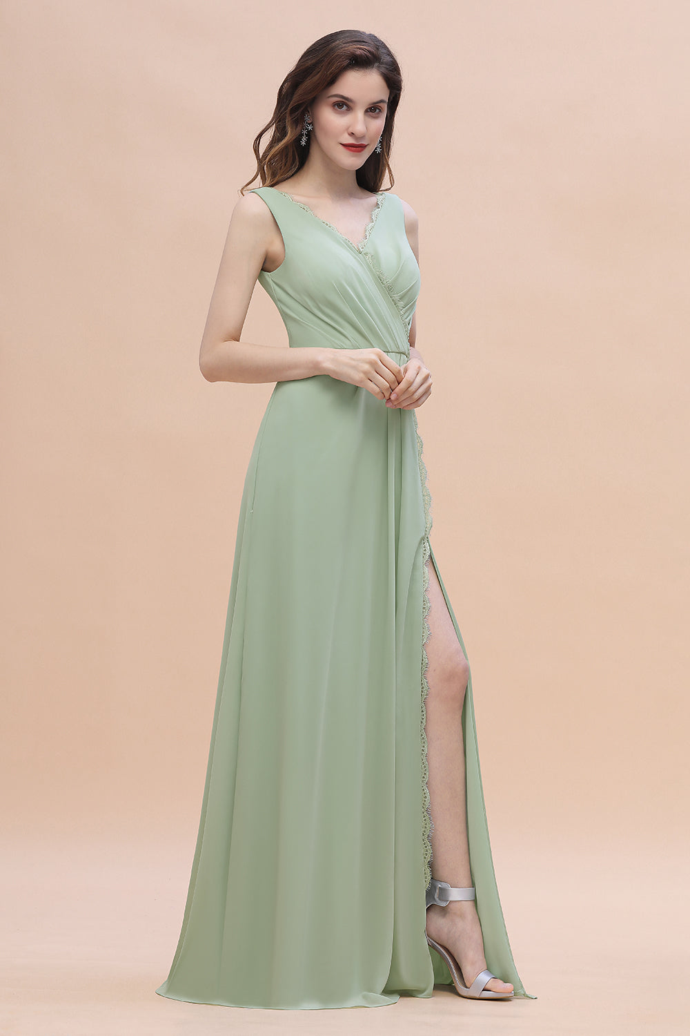 Sexy Chiffon Ruffles Dusty Sage Bridesmaid Dresses with Lace Edge On Sale