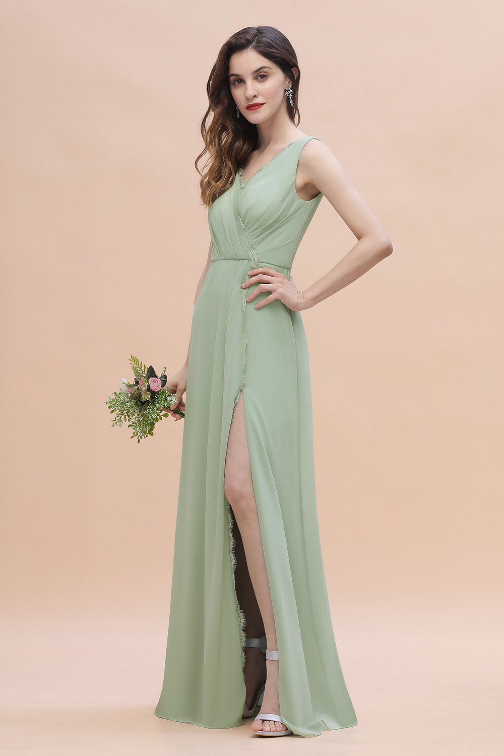 Sexy Chiffon Ruffles Dusty Sage Bridesmaid Dresses with Lace Edge On Sale