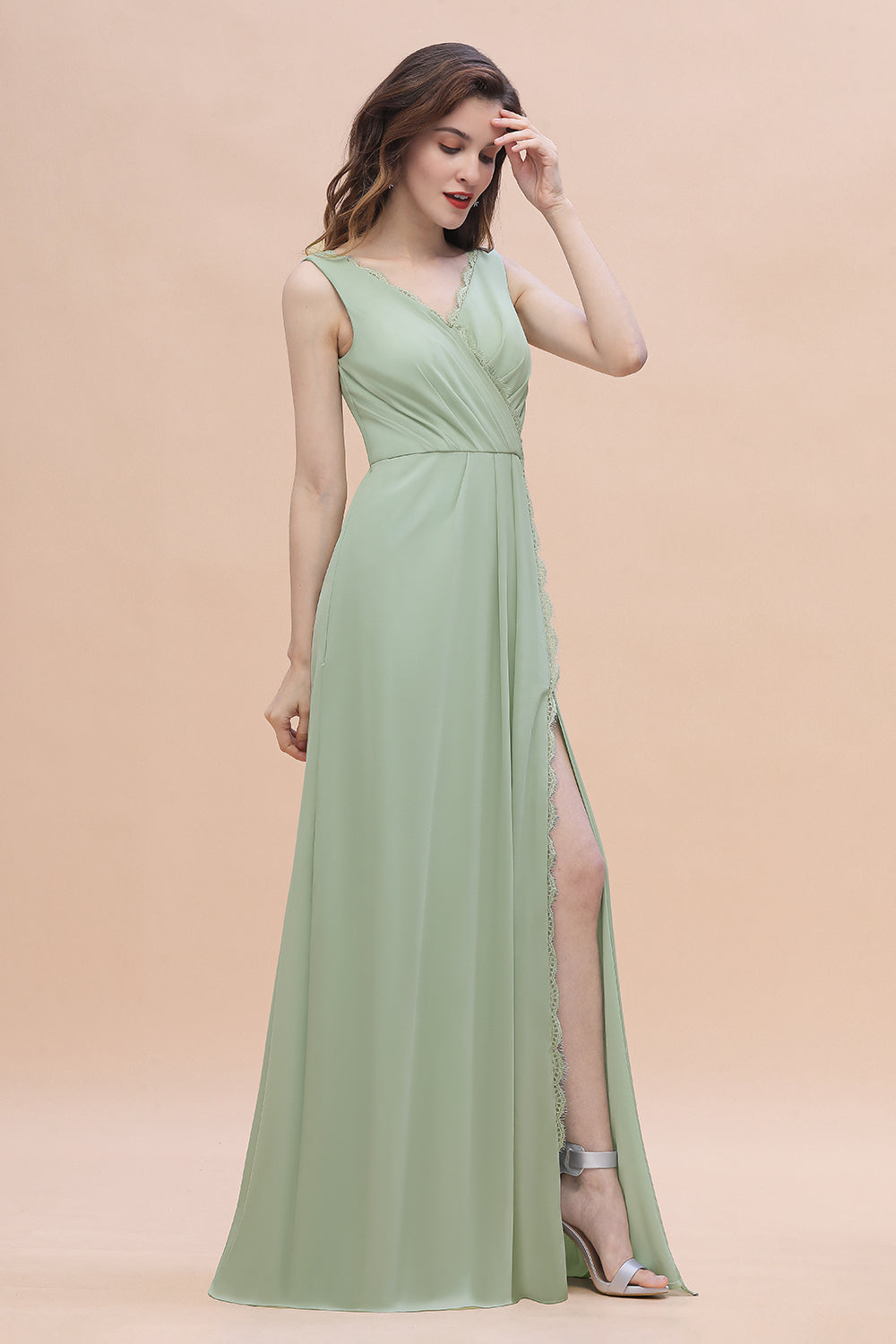 Sexy Chiffon Ruffles Dusty Sage Bridesmaid Dresses with Lace Edge On Sale