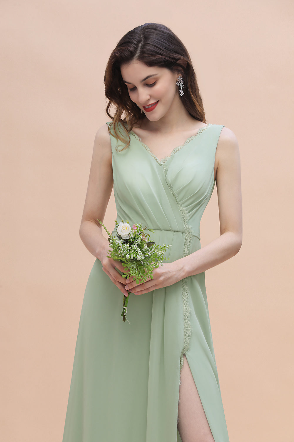 Sexy Chiffon Ruffles Dusty Sage Bridesmaid Dresses with Lace Edge On Sale