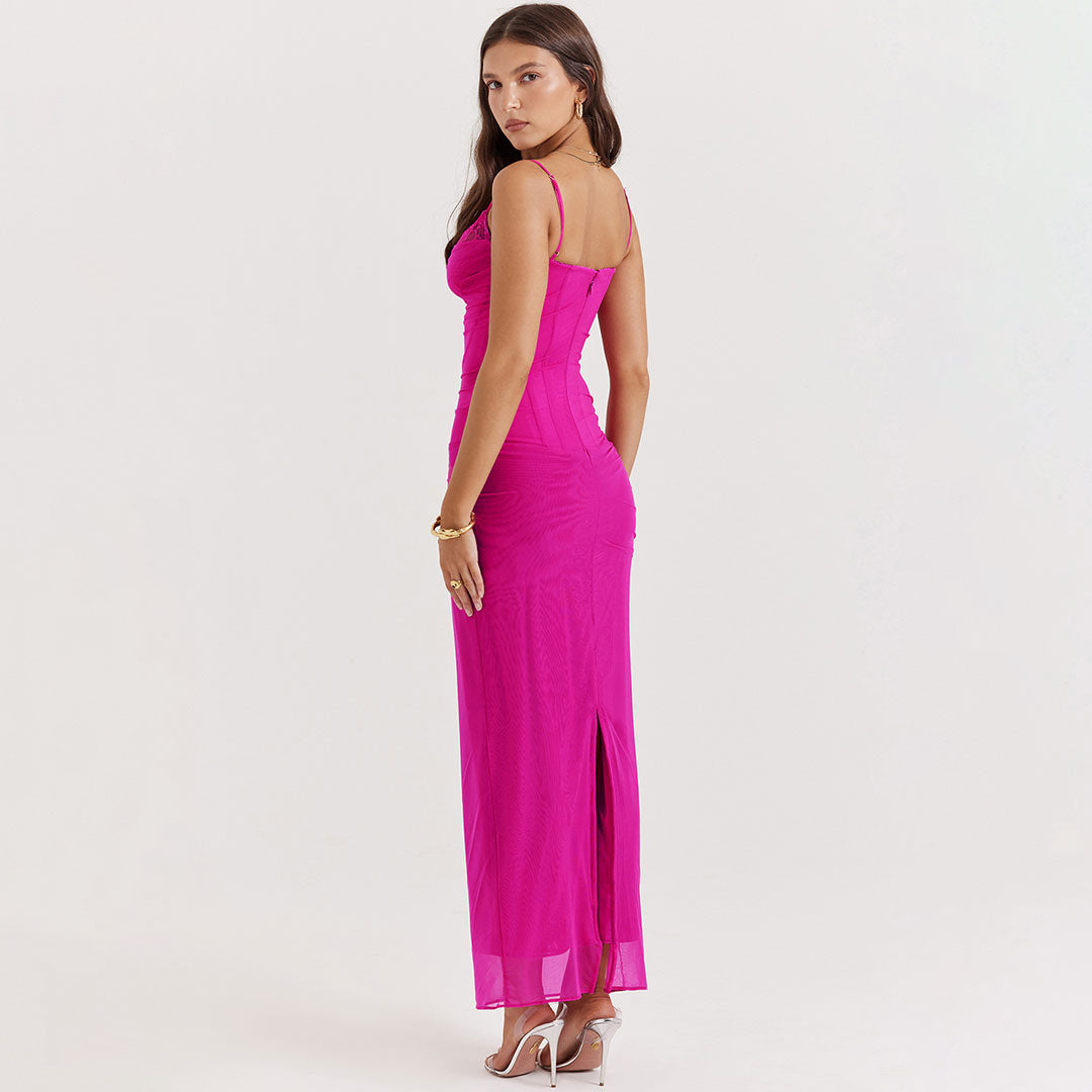 Sexy Cowl Neck Lace Bustier Sleeveless Maxi Corset Slip Dress - Hot Pink