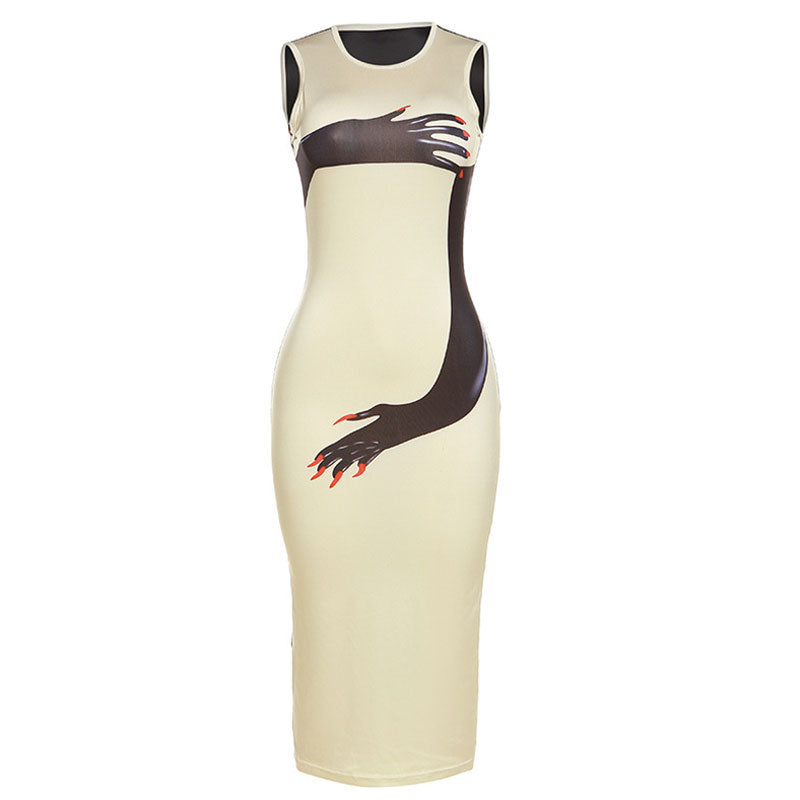 Sexy Crew Neck Glove Print Bodycon Sleeveless Party Midi Dress - Khaki - Fashionpara