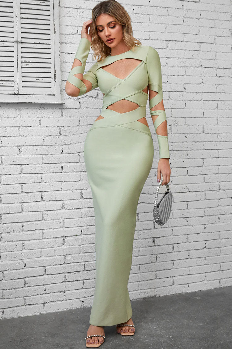 Sexy Crew Neck Long Sleeve Bandage Cutout Evening Maxi Dress - Light Green