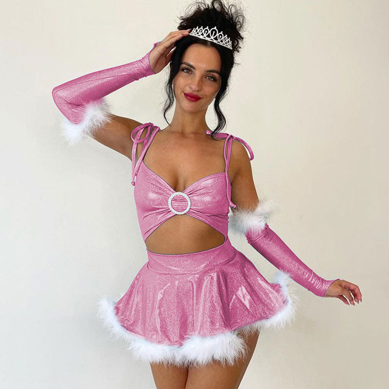 Sexy Crystal Ring Fluffy Glove Christmas Mini Dress Matching Set - Pink