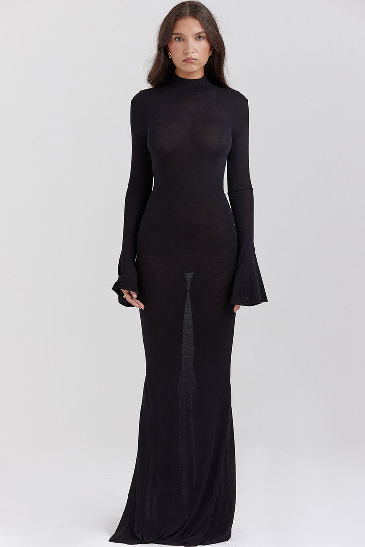 Sexy Cutout Back Mock Neck Bell Sleeve Fishtail Evening Maxi Dress - Black