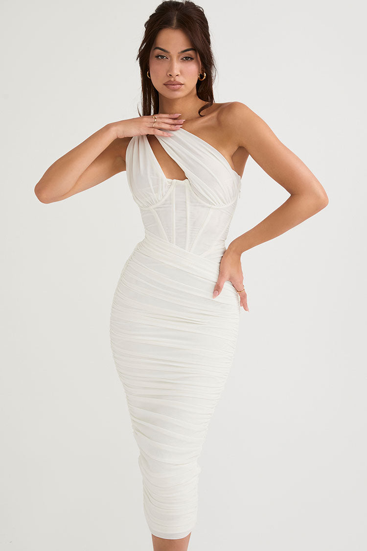 Sexy Cutout One Shoulder Ruched Bodycon Mesh Corset Midi Dress - White - Fashionpara