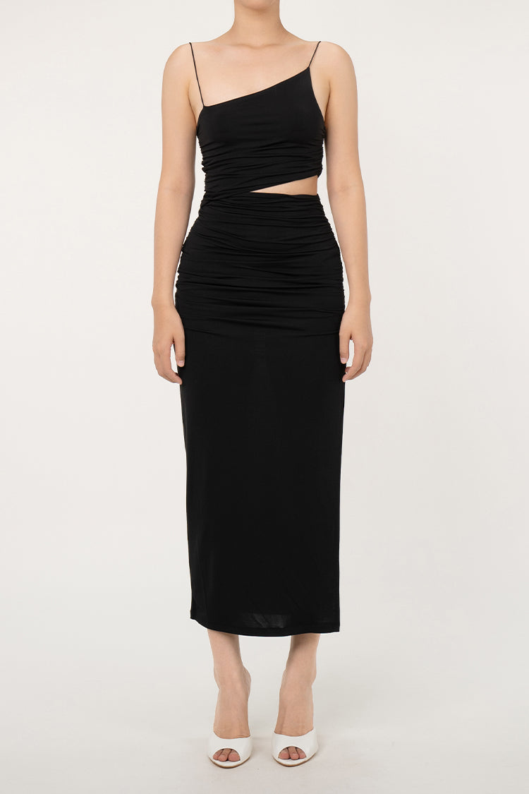 Sexy Cutout Spaghetti Strap Split Gathered Bodycon Cocktail Slip Midi Dress