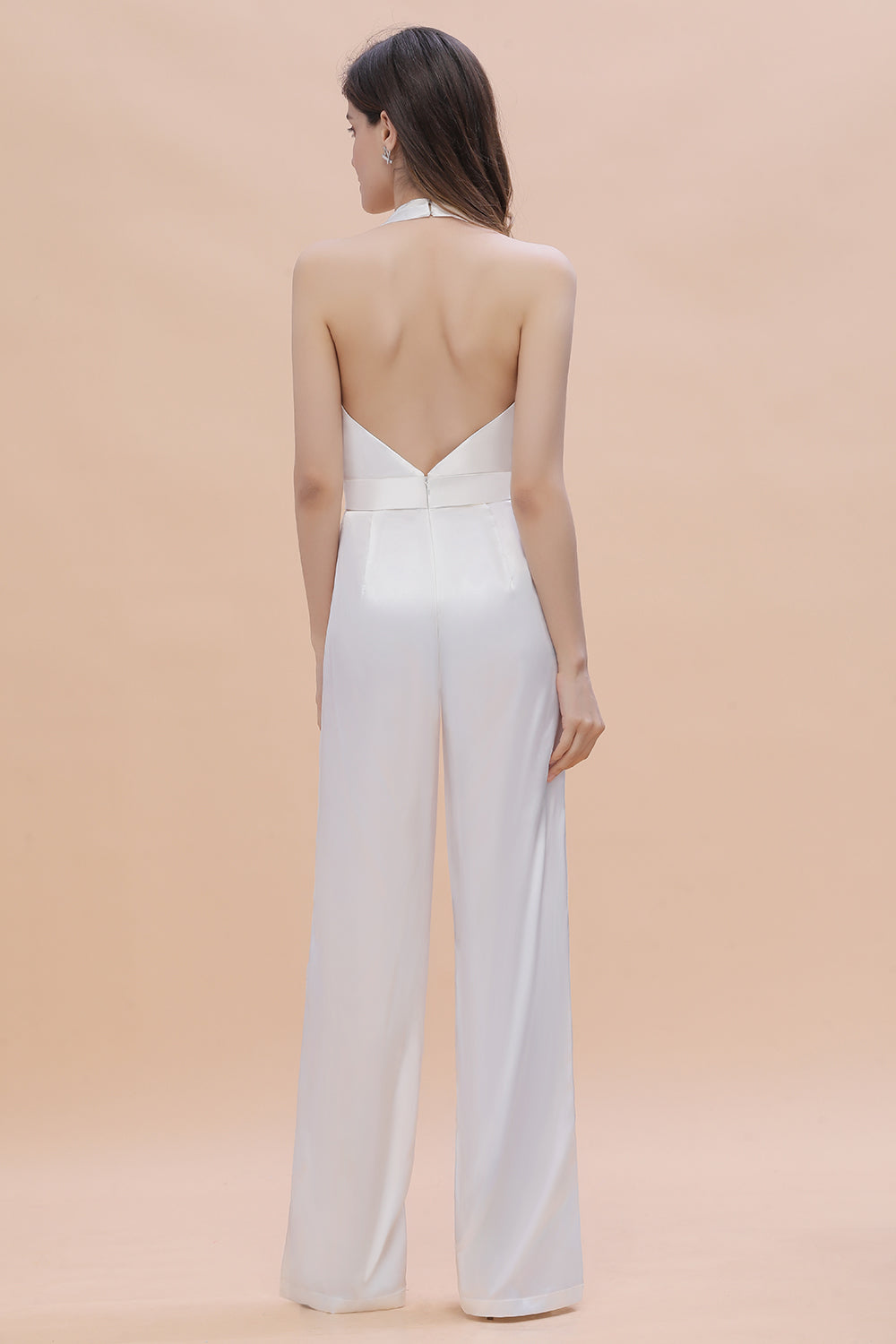 Sexy Deep-V-Neck Halter Backless Charmeuse Bridesmaid Jumpsuit - Fashionpara