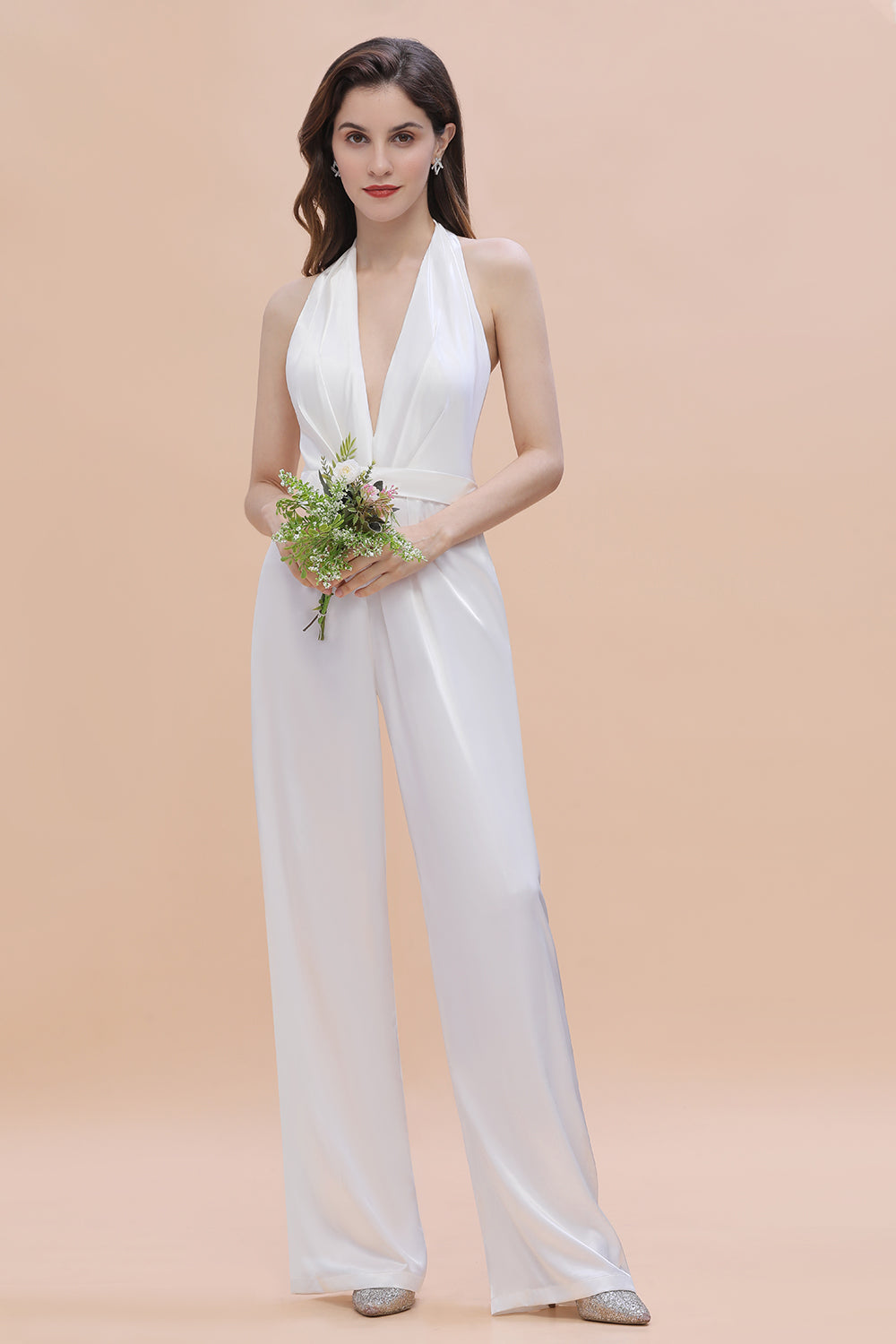 Sexy Deep-V-Neck Halter Backless Charmeuse Bridesmaid Jumpsuit